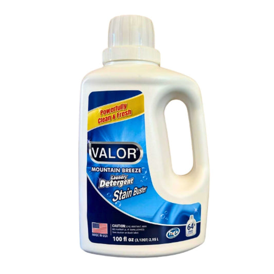 VALOR Mountain Breeze Laundry Detergent bottle, powerful stain fighter with a refreshing outdoor scent.