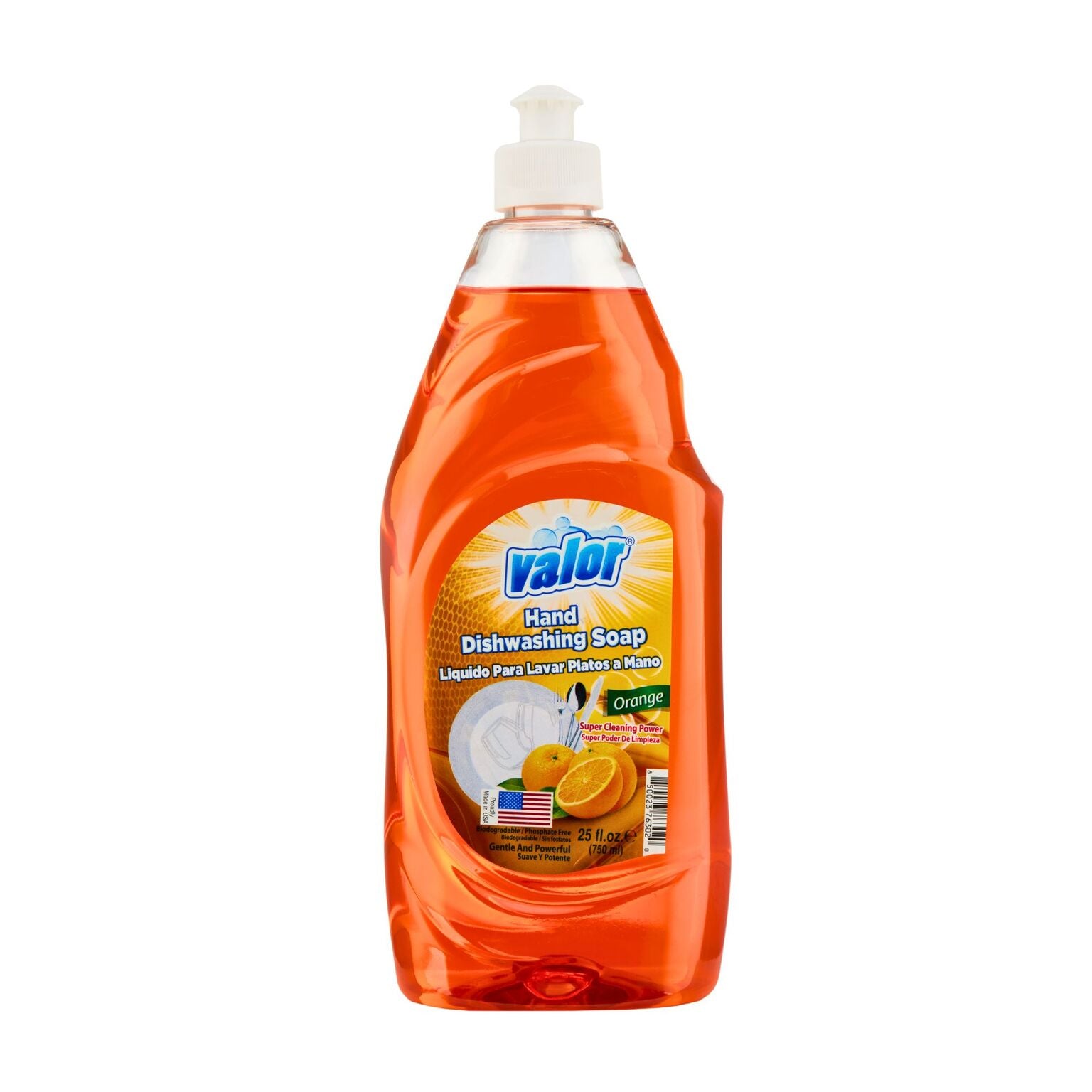 Valor Orange Scent Dishwashing Liquid in a clear bottle, effective cleaning with a refreshing citrus aroma.