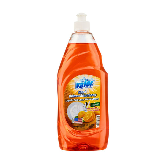 Valor Orange Scent Dishwashing Liquid in a clear bottle, effective cleaning with a refreshing citrus aroma.