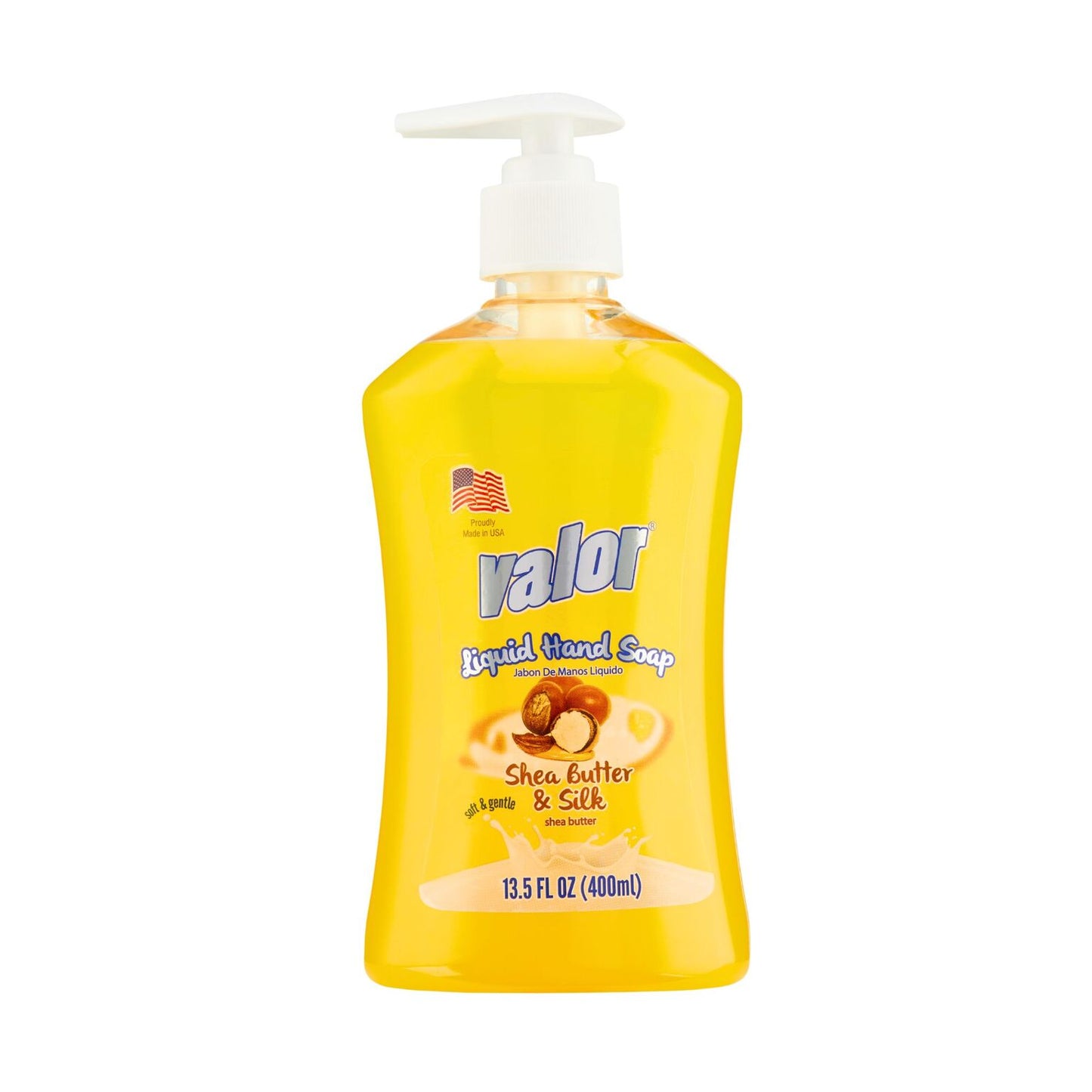 VALOR Liquid Hand Soap with Shea Butter & Silk, 13.5 oz, yellow bottle for silky smooth hands and luxurious cleansing.