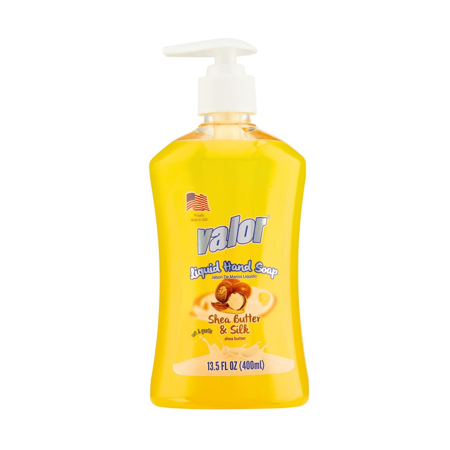 VALOR Liquid Hand Soap with Shea Butter & Silk, 13.5 oz, yellow bottle for silky smooth hands and luxurious cleansing.