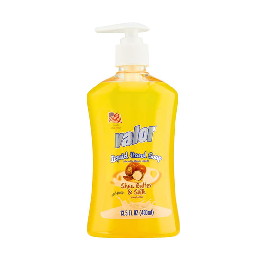 VALOR Liquid Hand Soap with Shea Butter & Silk, 13.5 oz, yellow bottle for silky smooth hands and luxurious cleansing.