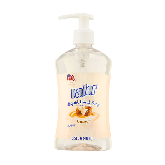 Valor Liquid Hand Soap in coconut scent with creamy formula for deep cleaning and soothing fragrance.