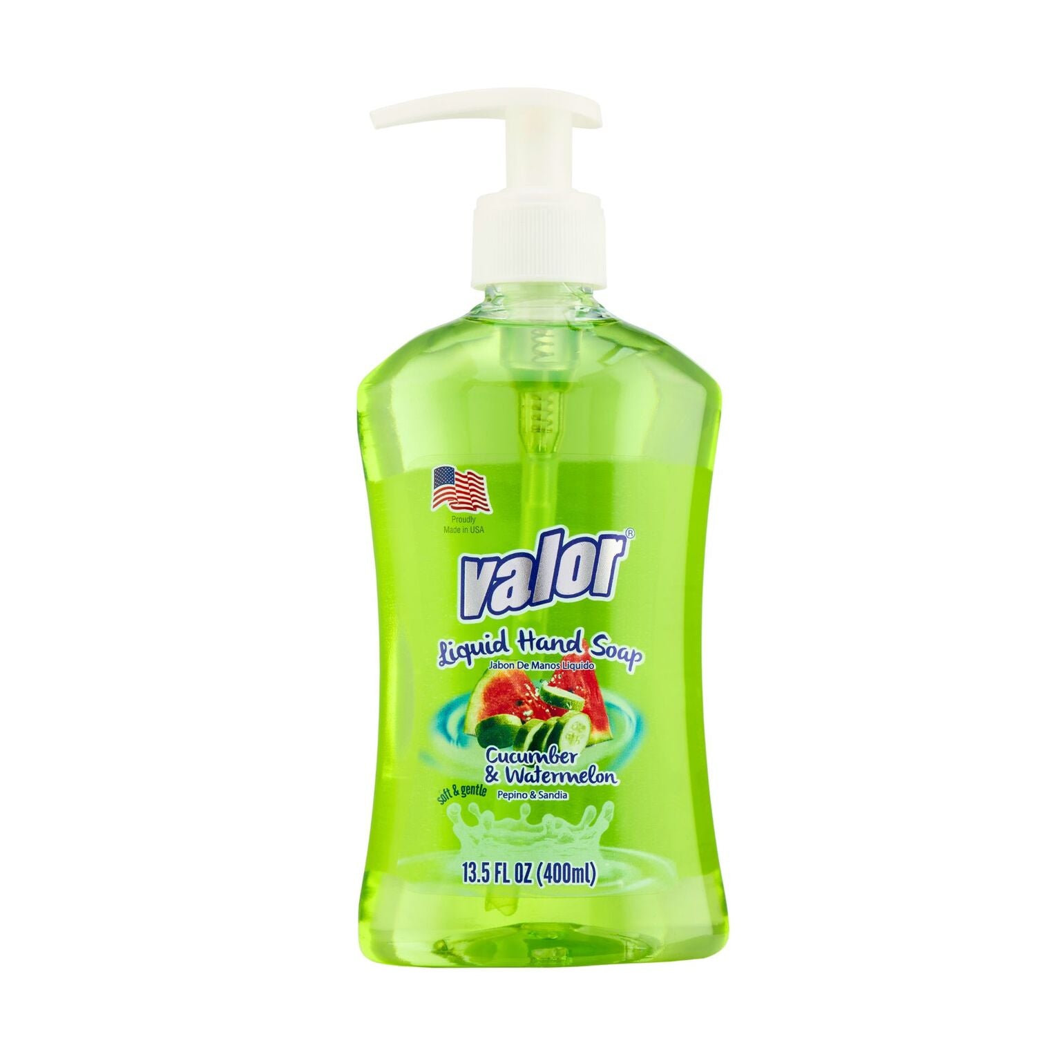 VALOR Liquid Hand Soap in Watermelon & Cucumber scent, 13.5 fl oz bottle, perfect for fresh and hydrated hands.