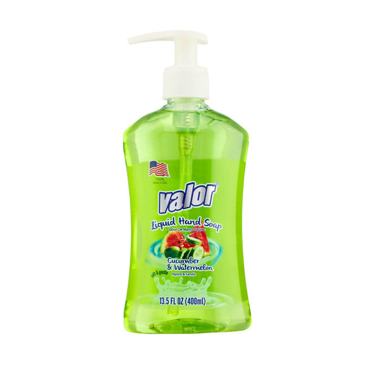 VALOR Liquid Hand Soap in Watermelon & Cucumber scent, 13.5 fl oz bottle, perfect for fresh and hydrated hands.