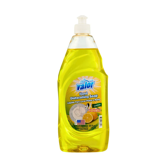 Valor Lemon Scent Dishwashing Liquid in yellow bottle, delivering grease-fighting action and fresh citrus aroma.