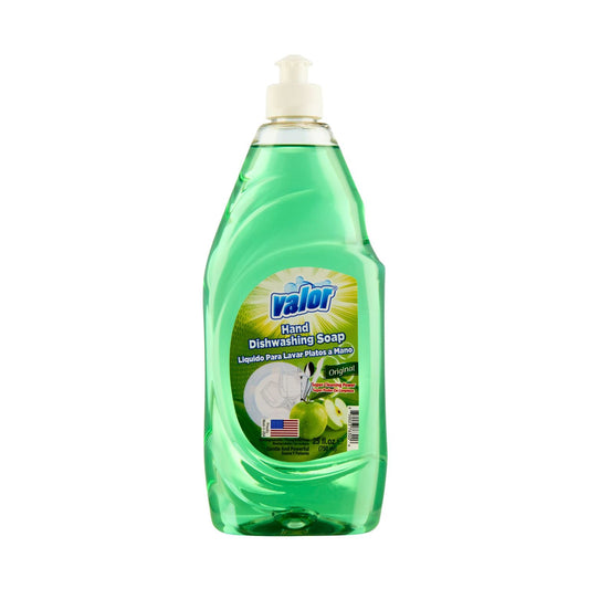Valor Dishwashing Liquid Original Scent in green bottle, effective for grease removal and gentle on hands.