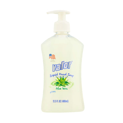 Valor Liquid Hand Soap with Aloe Vera in pump bottle, 13.5 fl oz, biodegradable and skin-safe formula.