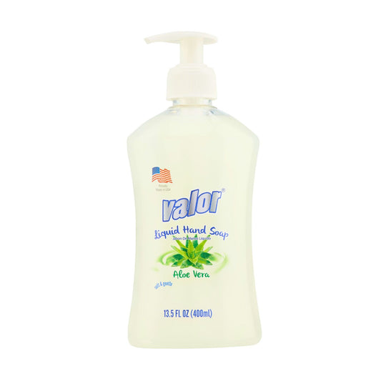 Valor Liquid Hand Soap with Aloe Vera in pump bottle, 13.5 fl oz, biodegradable and skin-safe formula.