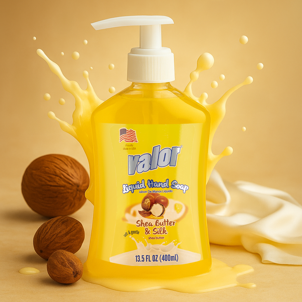VALOR Liquid Hand Soap with Shea Butter & Silk in a creamy yellow bottle, offering luxurious skin nourishment.