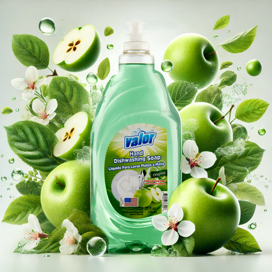 Valor Hand Dishwashing Soap in Original Scent with apples and flowers, effective grease removal and gentle on hands.